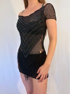 Iridescent Beaded Crochet Fringe Vintage Festival Chevron Top